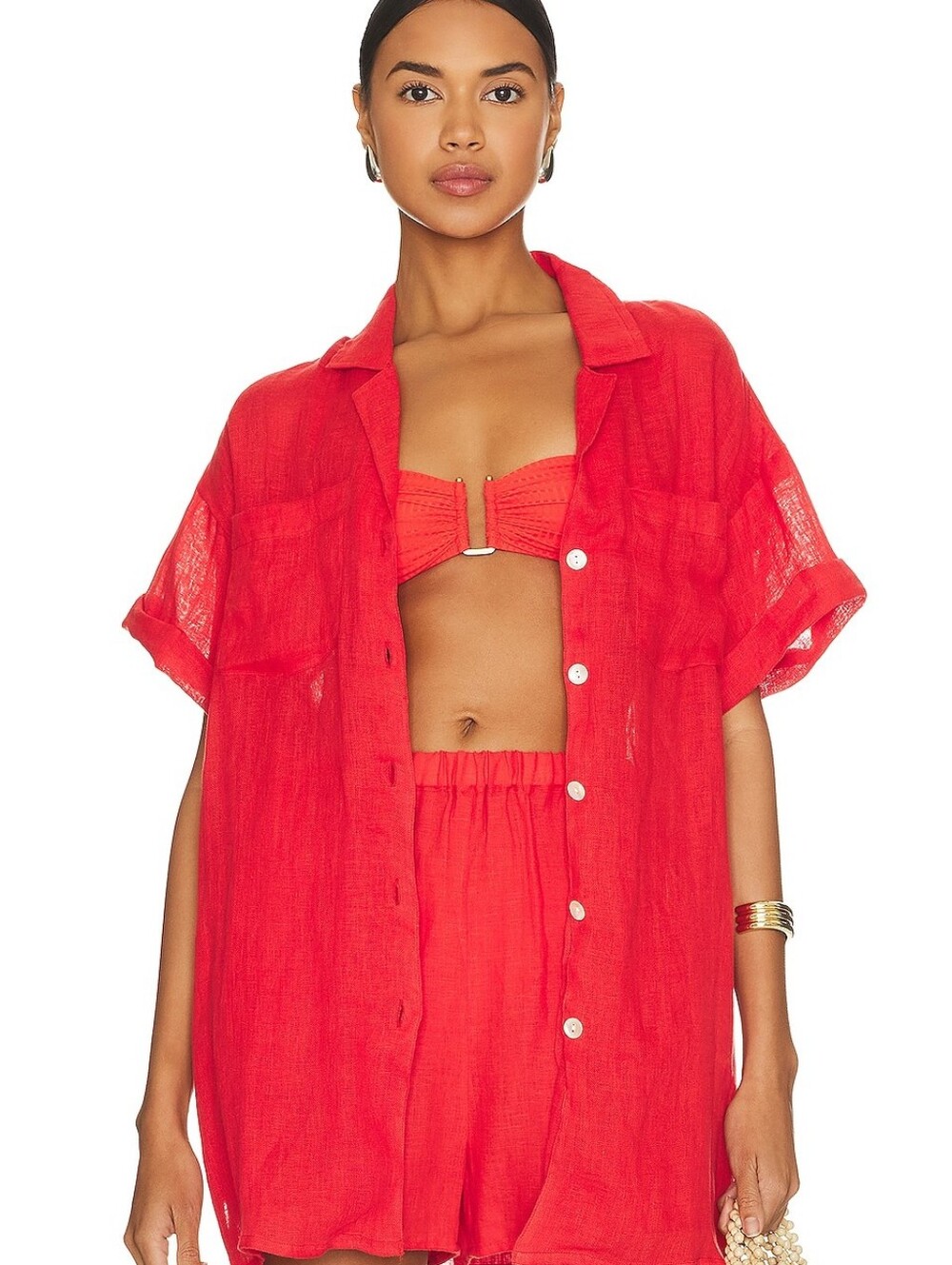 Vitamin A Linen Short Sleeve Button Down & Shorts Set — Tomato Red ♥️